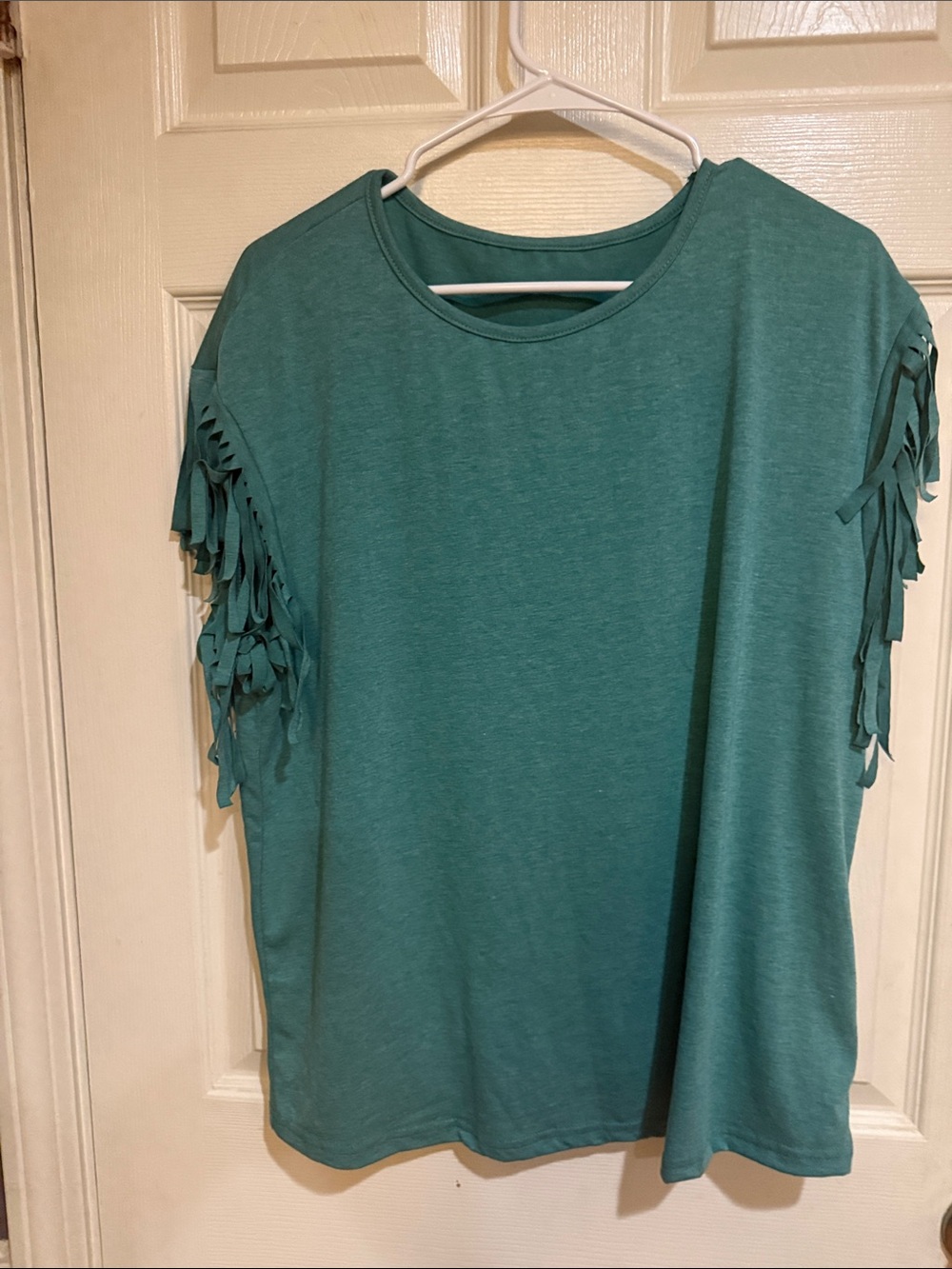 SHEIN Teal Fringe Short Sleeve Tee